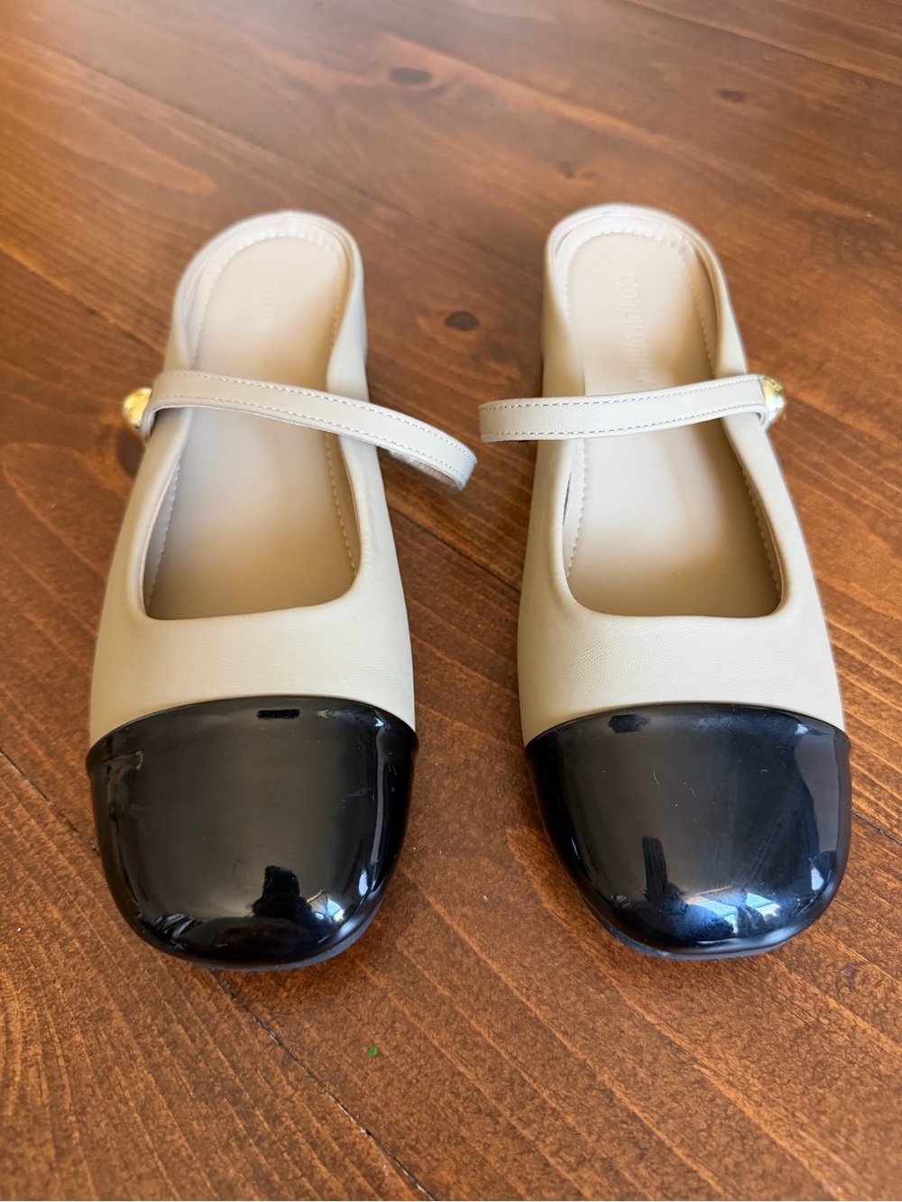 Women’s Beige Mary Jane Flats with Black Patent Toe